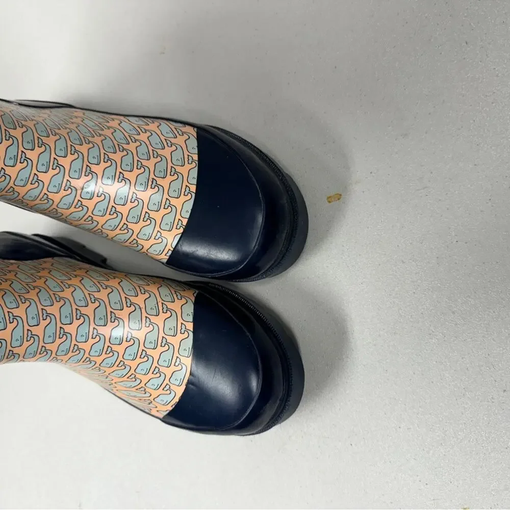 Vineyard Vines Orange Blue Wale Print Rubber Tall Rain Boots Womens 5 Classic